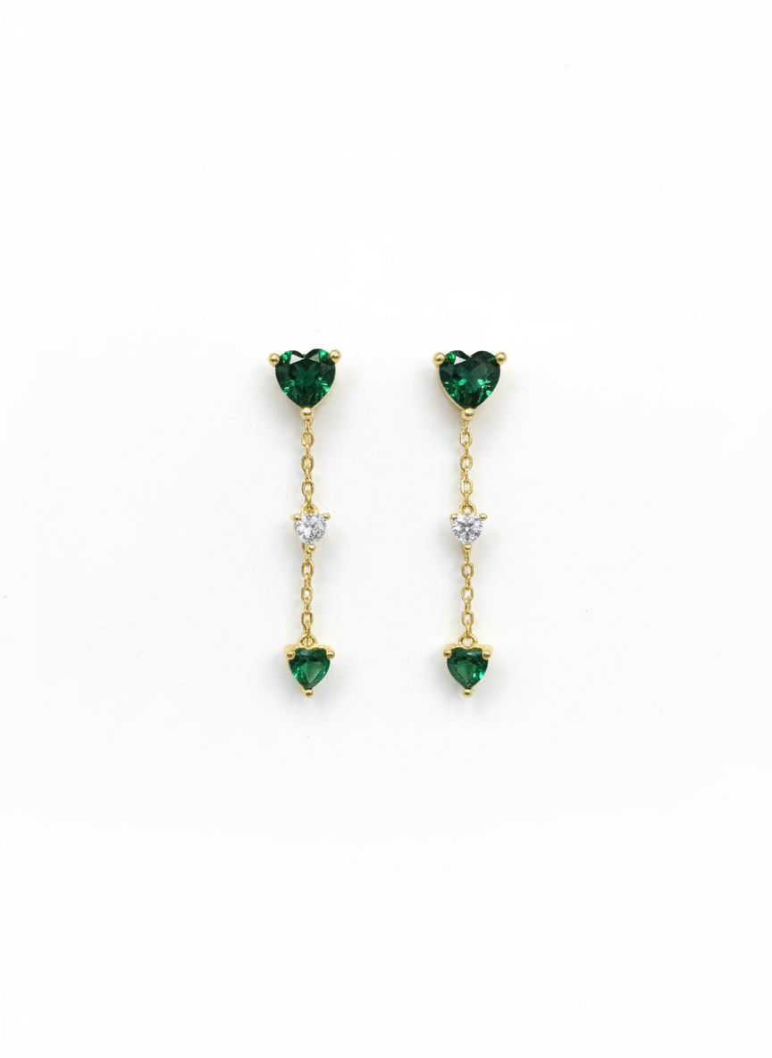 Aretes de Gota con Tres Corazones Verdes