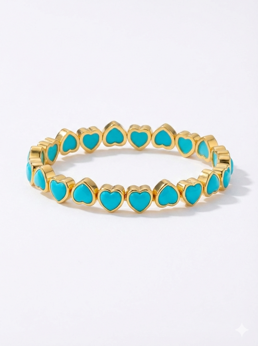 Pulsera Elástica de Corazones con Bisel Turqueza