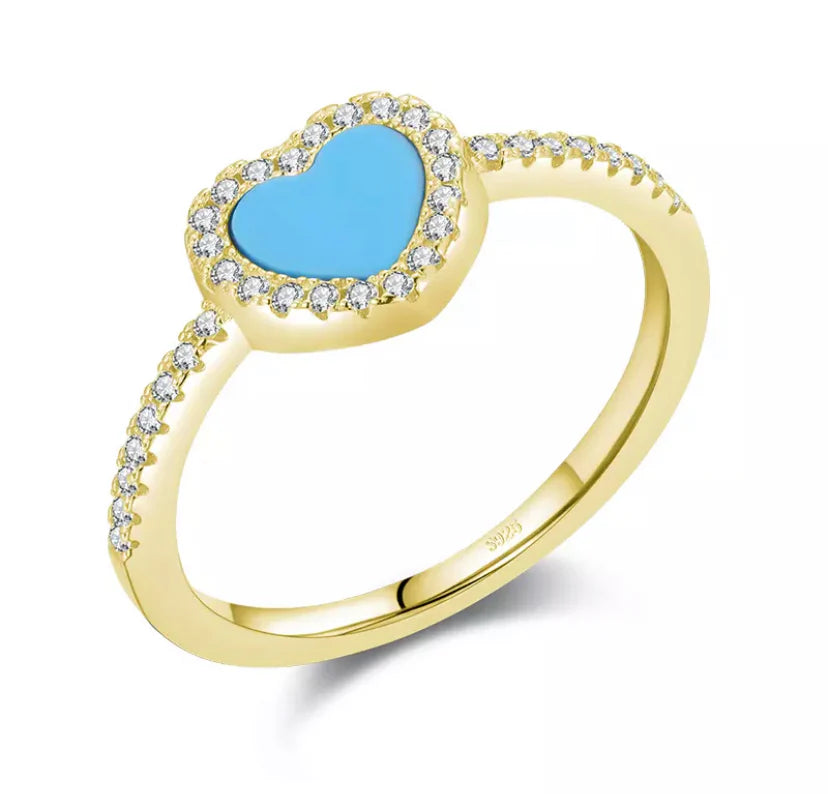 Anillo Corazon con Piedra Tuquesa y Circonias