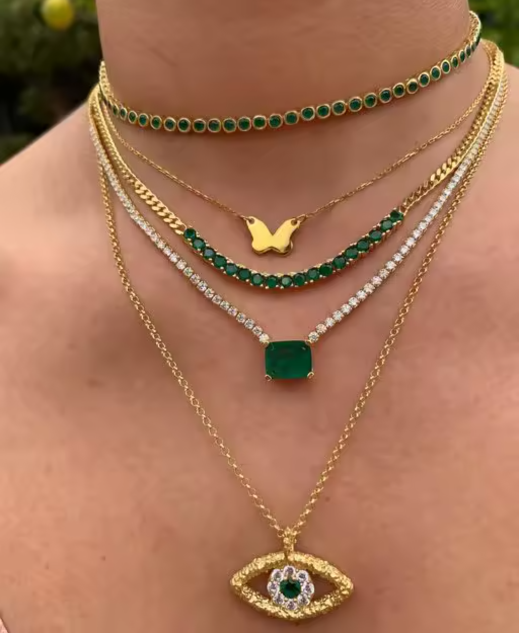 Collar Cadena Cubana con Piedras Verdes