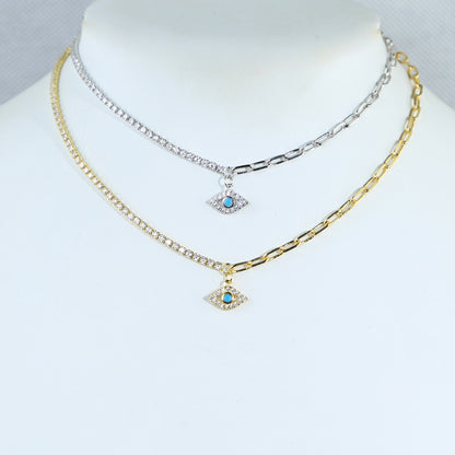 Collar PaperClip con Ojito Turquesa y Circonias