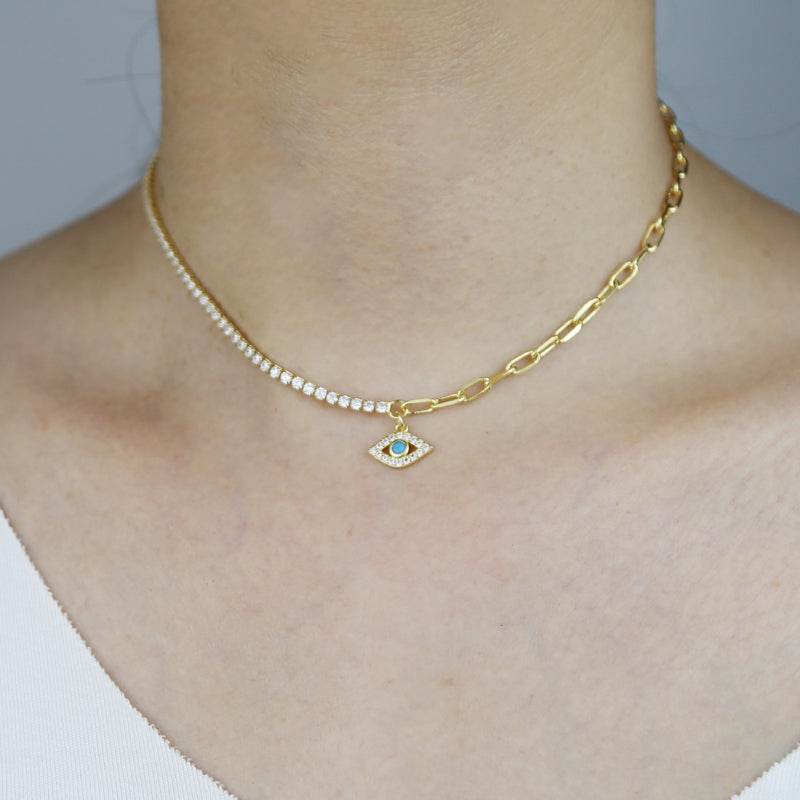 Collar PaperClip con Ojito Turquesa y Circonias