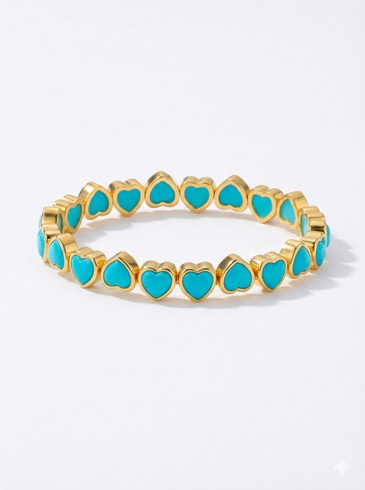 Pulsera Elástica de Corazones con Bisel Turqueza