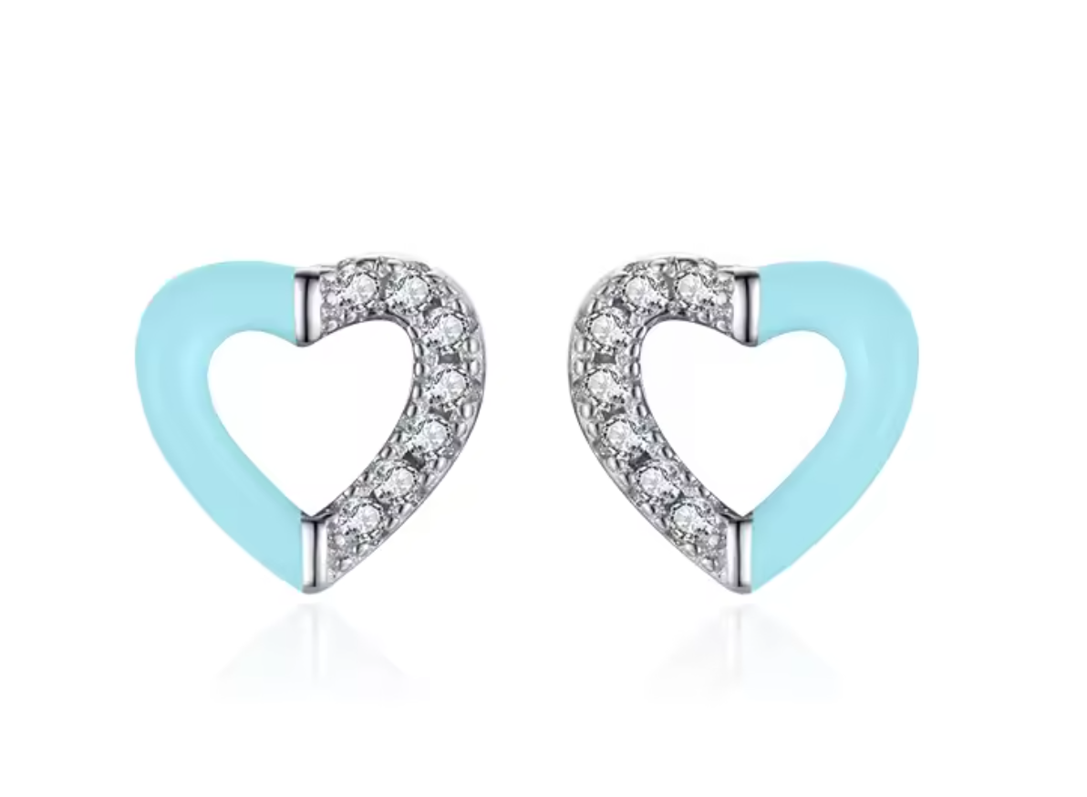 Stud Corazon Hueco Esmalte Azul